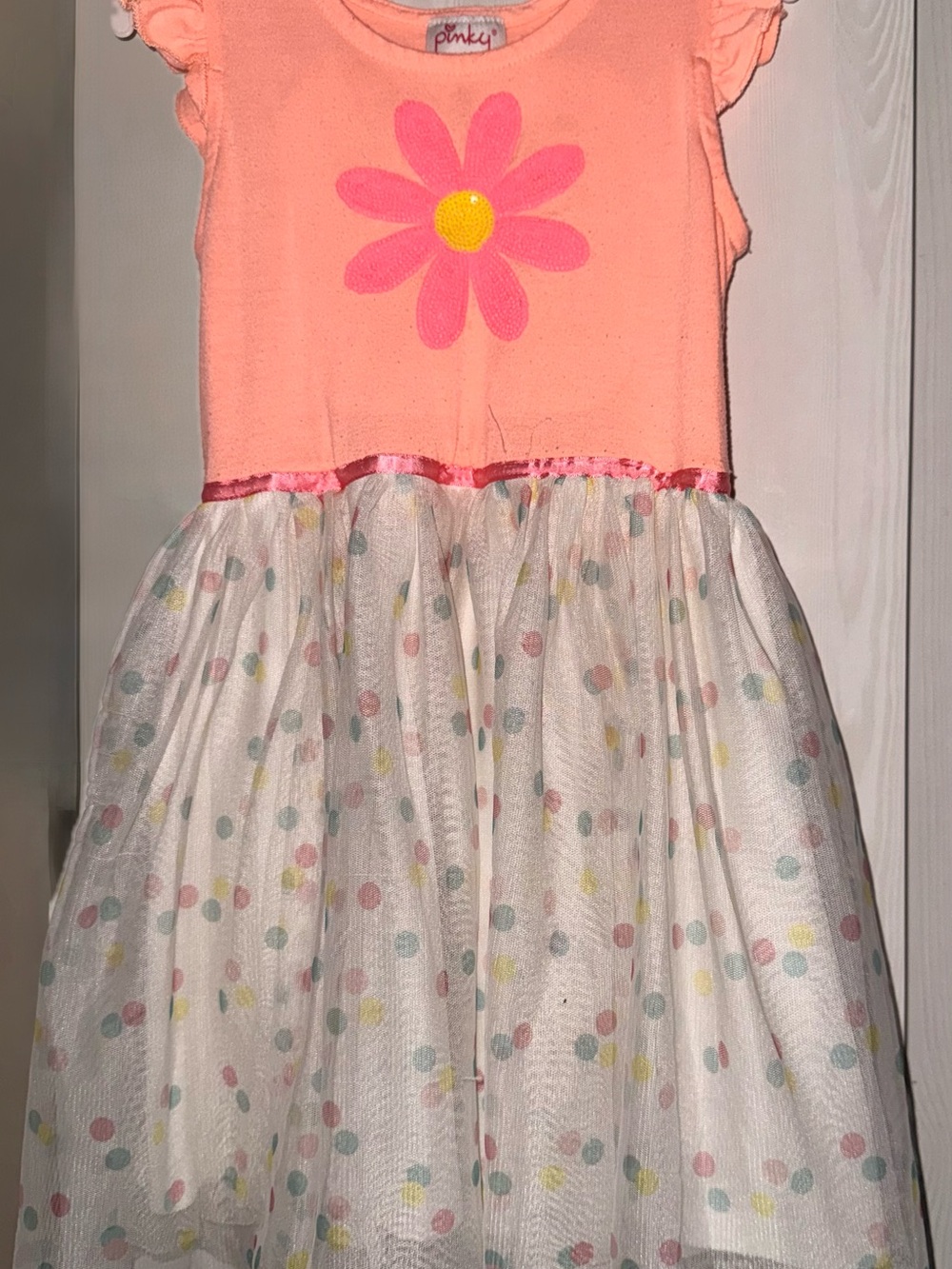 Pinky Coral Knit Top Dress with Pink Flower and White Polka Dot Tulle